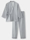Men Gingham Print Lace Up Pocket Ankle Length Home Pajamas Sets - Gray