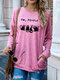 Cat Print Long Sleeve Loose Casual T-Shirt For Women - Brick Red