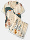 Women Bird Print Revere Collar Frills Trim Short Sleeve Pajama Sets - Yellow