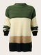 Plus Size Contrast Color Half-collar Lantern Sleeve Sweater - Green