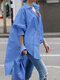 Solid High-low Button Long Sleeve Lapel Loose Shirt - Blue