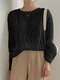 Solid Long Sleeve Textured Crew Neck Casual Blouse - Black
