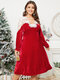 بالاضافة الى حجم عيد الميلاد الخامس الرقبة الدانتيل المرقعة فستان اكمام طويلة - أحمر