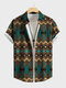 Camisas masculinas étnicas vintage com estampa geométrica lapela manga curta - azul