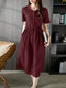 Solid Drawstring Waist Pocket Short Sleeve Vintage Dress - Wine Red