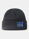 Unisex Solid Cotton Knitted Striped Color Contrast Letters Patch All-match Warmth Brimless Beanie Hat - Black