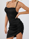 Women Solid Color Strap Backless Knotted Asymmetrical Hem Sexy Dress - Black