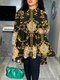 Plus size feminino vintage barroco estampa gola redonda blusa de manga comprida - Preto