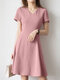 Solid A-line Short Sleeve V-neck Dress For Women - Pink