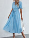 Floral Print Belt Short Sleeve V-neck Swing Dress For Women - Blue