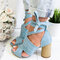 Sandálias femininas de tamanho grande casual cor sólida peep toe com cordões de salto alto - azul