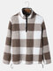 Mens Check Half Zip Fleece Drawstring Hem Casual Pullover Sweatshirts - Khaki