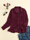 Corduroy Solid Ribbed Button Lapel Long Sleeve Jacket For Women - Wine Red