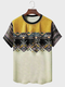 Mens Ethnic Geometric Print Patchwork Short Sleeve T-Shirts - Yellow