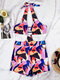 Women Contrasting Color Geometry Pattern Halter One Piece Swimwear - Purple
