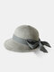 Women Straw Leisure Vacation Versatile Breathable Shade Big Bow Straw Hat Tour Beach Bucket Cap - Gray