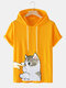Mens Cartoon Cat Graphic Short Sleeve Drawstring Hooded T-Shirts - Yellow