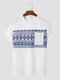 Mens Ethnic Geometric Pattern Crew Neck Casual Short Sleeve T-Shirts - White
