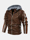 Mens Contrast Side Stripe PU Leather Zipper Casual Hooded Jackets - Coffee