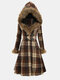 Plaid Button Fleece Fax Fur Hooded Coat - Khaki