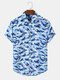 Men Camouflage Pattern Lapel Button Up Hem Cuff Leisure Shirts - Blue