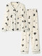 Women Heart Print Collarless Button Front Ribbed Cotton Cozy Pajamas Sets - Beige