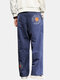 Mens Floral Embroidered Casual Drawstring Waist Loose Straight Pants - Navy