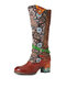 Socofy Casual Printed Leather Metal Chain Side Zipper Comfy Chunky Heel Knee High Boots - Light Coffee