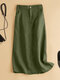 Women Solid Split Back Cotton Skirt With Pocket - Army Green
