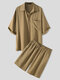 Plus Size Mens Solid Color Short Sleeve Elastic Waist Fashion Two Piece Outfits - Khaki