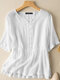 Cotton Solid Button Ruched Ruffle Short Sleeve Blouse - White