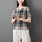 Literary Retro Women's Cotton And Linen Loose Thin Short-sleeved Casual Plaid Short-sleeved T-shirt Top - Navy