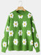 Plus Size Casual Flower Knitted O-neck Pullover Women Sweater - Green