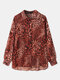 Leopard Print Lapel Long Sleeve Button Loose Blouse For Women - Coffee