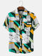 Mens Geometry Print Button Up Casual Holiday Short Sleeve Shirt With Pocket - Green
