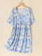 Women Flower Print V-neck Loose Short Sleeve Dress - Blue