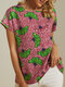 Vintage Printed Short Sleeve Square Collar Blouse For Women - Green