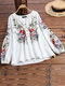 Women Floral Print Stand Collar Half Button Long Sleeve Blouse - White