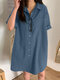女性ソリッドラペルダブルポケットボタンフロントシャツドレス - 青
