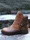 Women Retro Splicing Round Toe Warm Lining Short Boots - Brown
