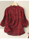 Floral Print Button Stand Collar 3/4 Sleeve Blouse For Women - Red