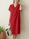 Cotton Solid Short Sleeve V Neck Casual Midi Dress - Red