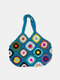 JOSEKO Women Plush Handmade Crochet Ethnic Mixed Floral Pattern Shoulder Bag Multifunctional Tote Bag - Dark blue