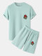 Mens Rose Embroidery Patched Knitted Short Sleeve T-Shirt & Shorts Casual Co-ords - Blue