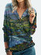 Landscape Print Button Long Sleeve Blouse For Women - Green