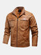 Mens PU Leather Zip Front Velvet Thicken Warm Casual Jackets With Pockets - Khaki