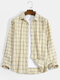 Mens Check Plaid Button Front Casual Long Sleeve Shirts - Beige