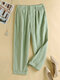 Women Solid Color Casual Cropped Pants With Pocket - Green