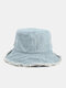 Unisex Denim Distressed Frayed Edge Vintage Trendy Outdoor Sunshade Foldable Bucket Hats - Light Blue