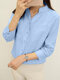 Solid Button Front Stand Collar 3/4 Sleeve Blouse - Blue